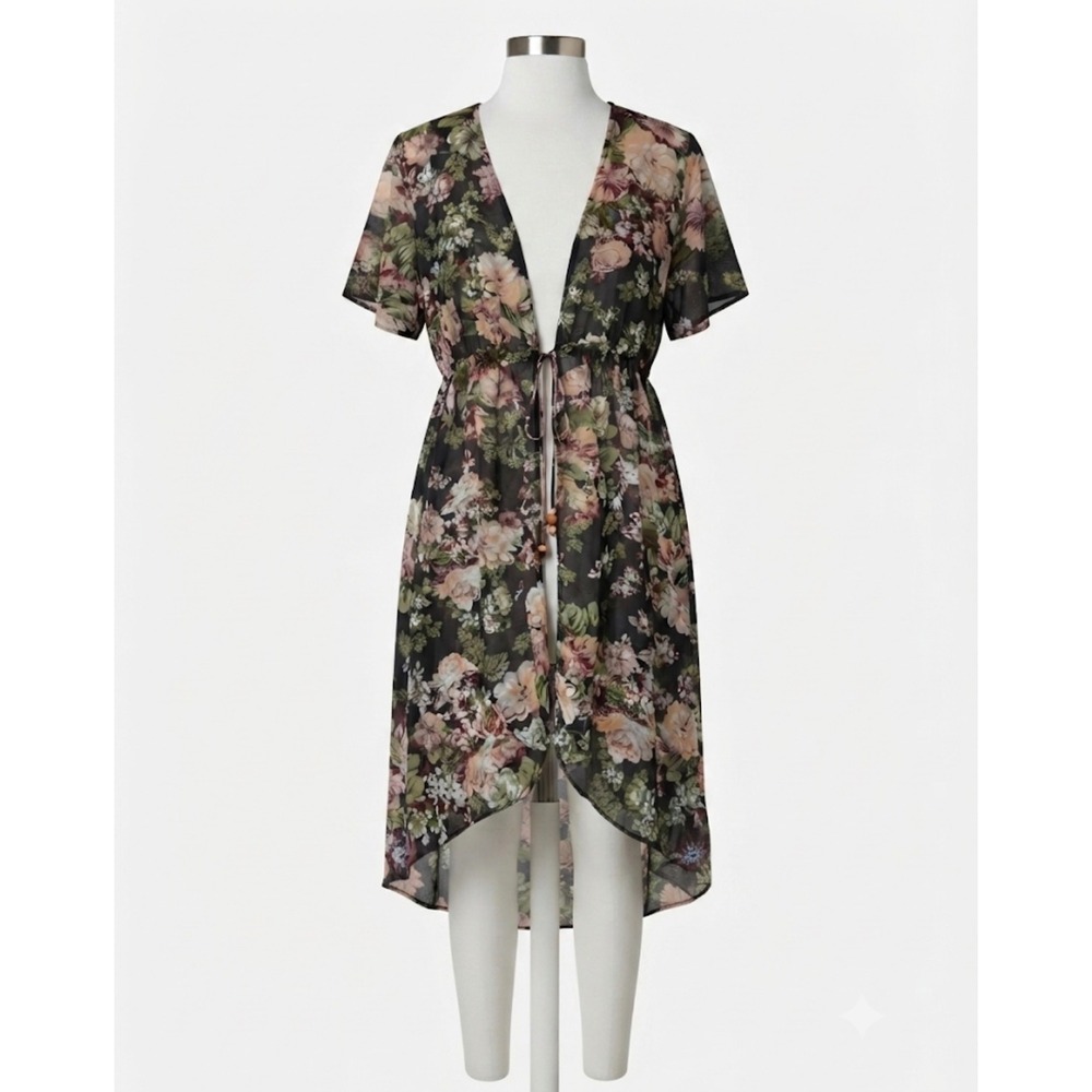 Cure Floral Chiffon Midi Duster Kimono Cardigan XL Dark Fairycore Romantic Boho
